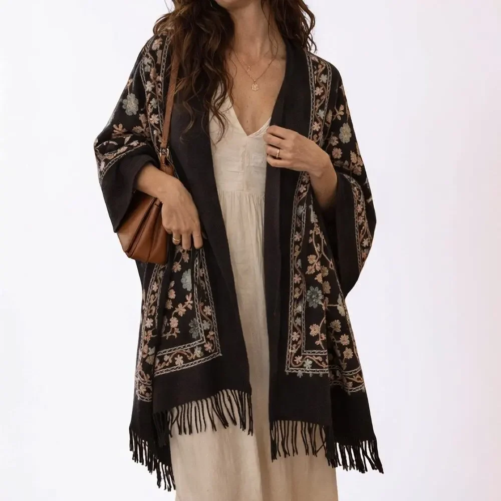 100% Cashmere Embroidered Shawl Wrap Scarf Black Floral Fringe Large